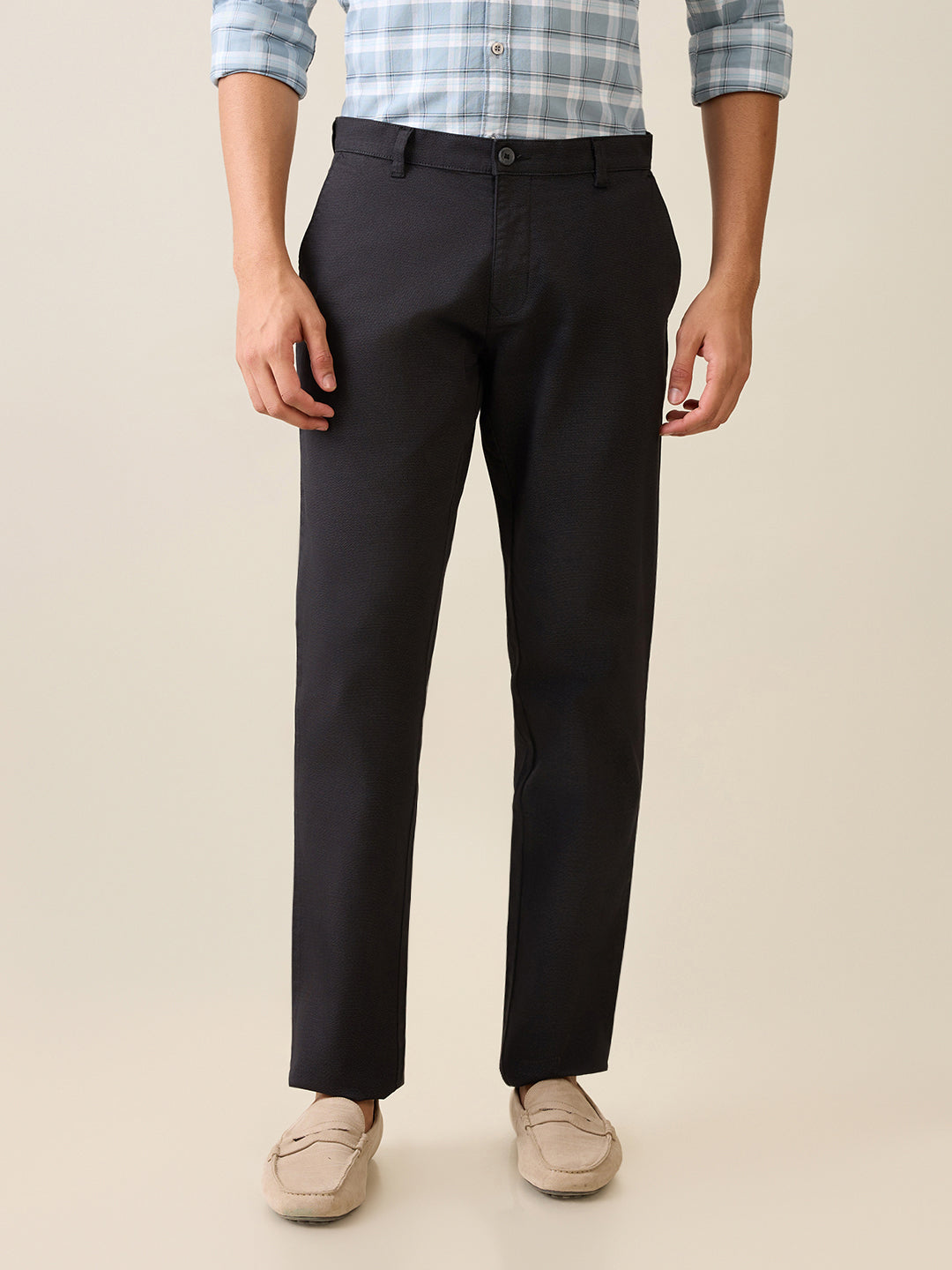 Parx Men Black Printed Low Rise Tapered Fit Cotton Blend Trouser