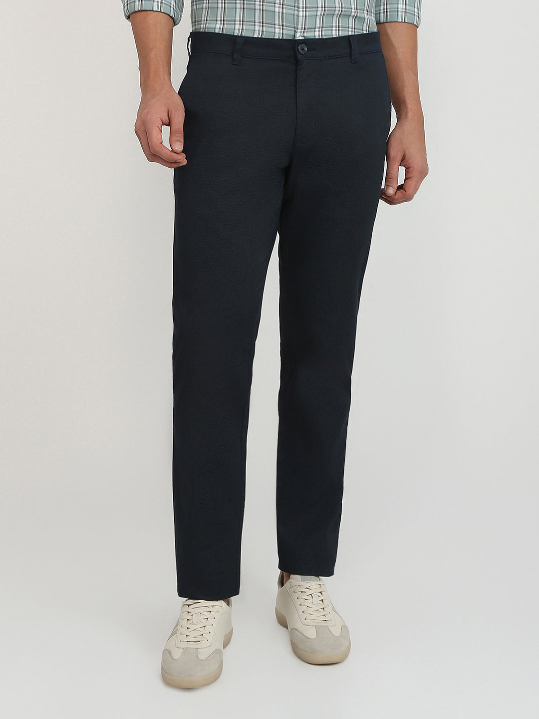 Parx Men Blue Printed Low Rise Tapered Fit Cotton Blend Trouser