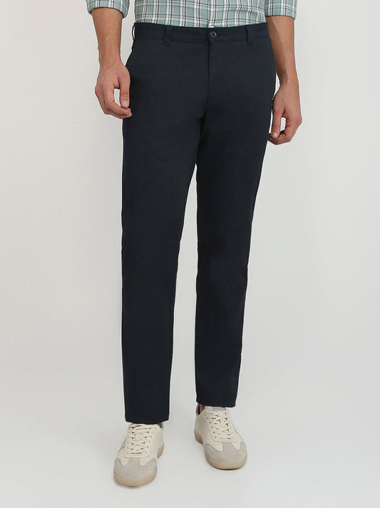 Parx Men Blue Printed Low Rise Tapered Fit Cotton Blend Trouser