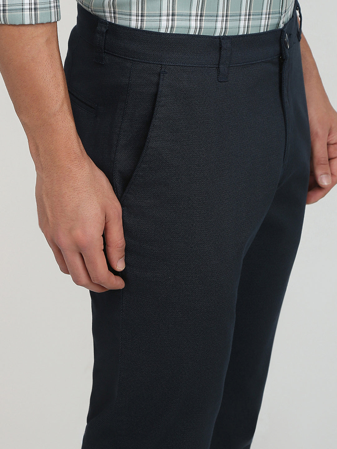 Parx Men Blue Printed Low Rise Tapered Fit Cotton Blend Trouser