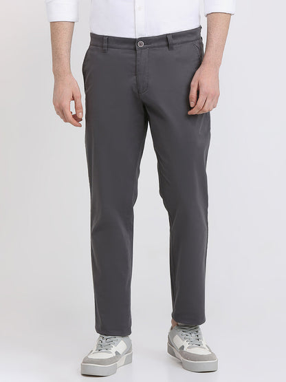 Parx Men Grey Solid Low Rise Tapered Fit Cotton Blend Trouser
