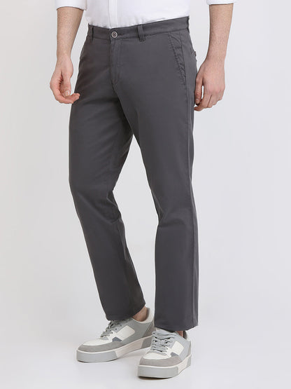 Parx Men Grey Solid Low Rise Tapered Fit Cotton Blend Trouser