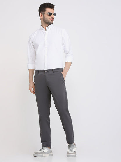 Parx Men Grey Solid Low Rise Tapered Fit Cotton Blend Trouser