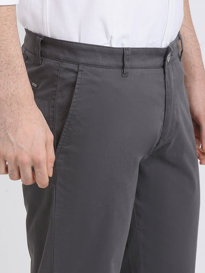 Parx Men Grey Solid Low Rise Tapered Fit Cotton Blend Trouser