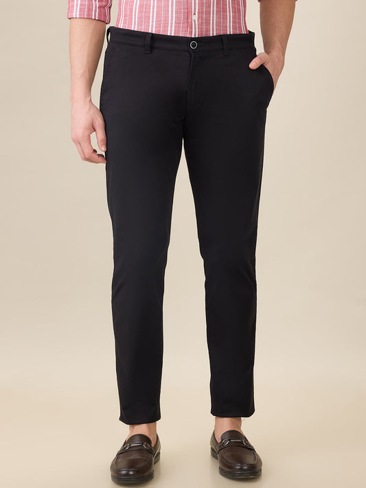 Parx Men Black Solid Low Rise Tapered Fit Cotton Blend Trouser