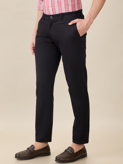 Parx Men Black Solid Low Rise Tapered Fit Cotton Blend Trouser