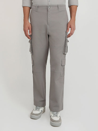 Parx Men Grey Solid Cargo Fit Cotton Blend Trouser