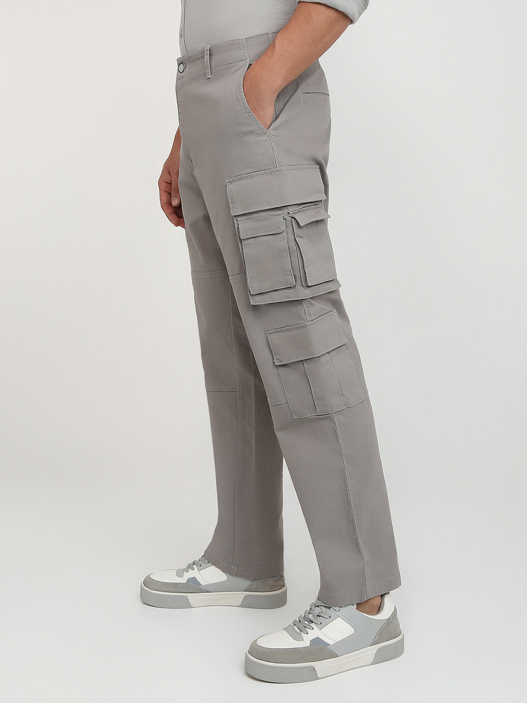 Parx Men Grey Solid Cargo Fit Cotton Blend Trouser