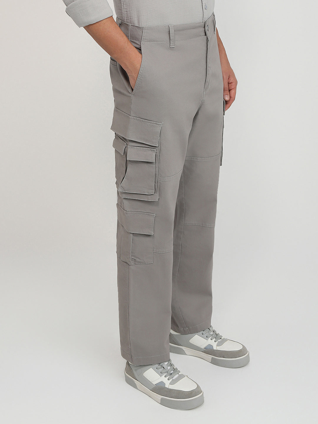Parx Men Grey Solid Cargo Fit Cotton Blend Trouser