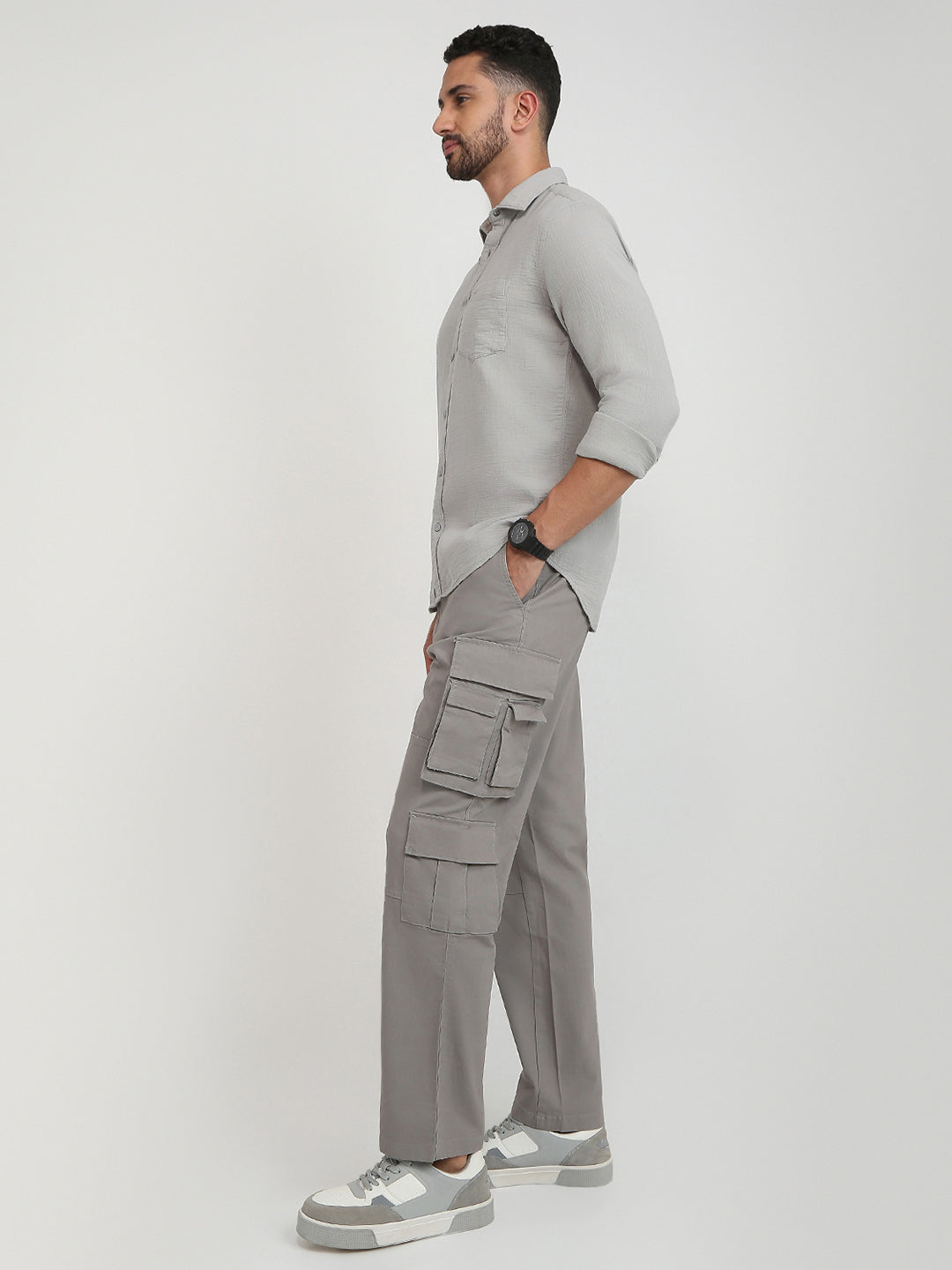 Parx Men Grey Solid Cargo Fit Cotton Blend Trouser
