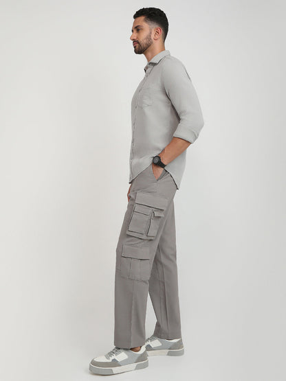 Parx Men Grey Solid Cargo Fit Cotton Blend Trouser