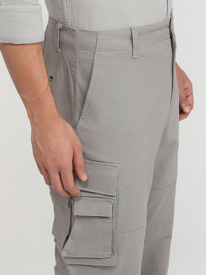 Parx Men Grey Solid Cargo Fit Cotton Blend Trouser