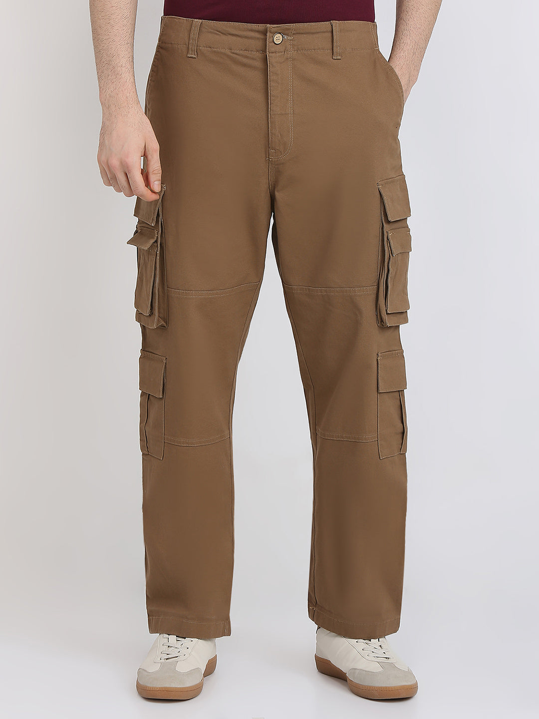 Parx Men Khaki Solid Cargo Fit Cotton Blend Trouser