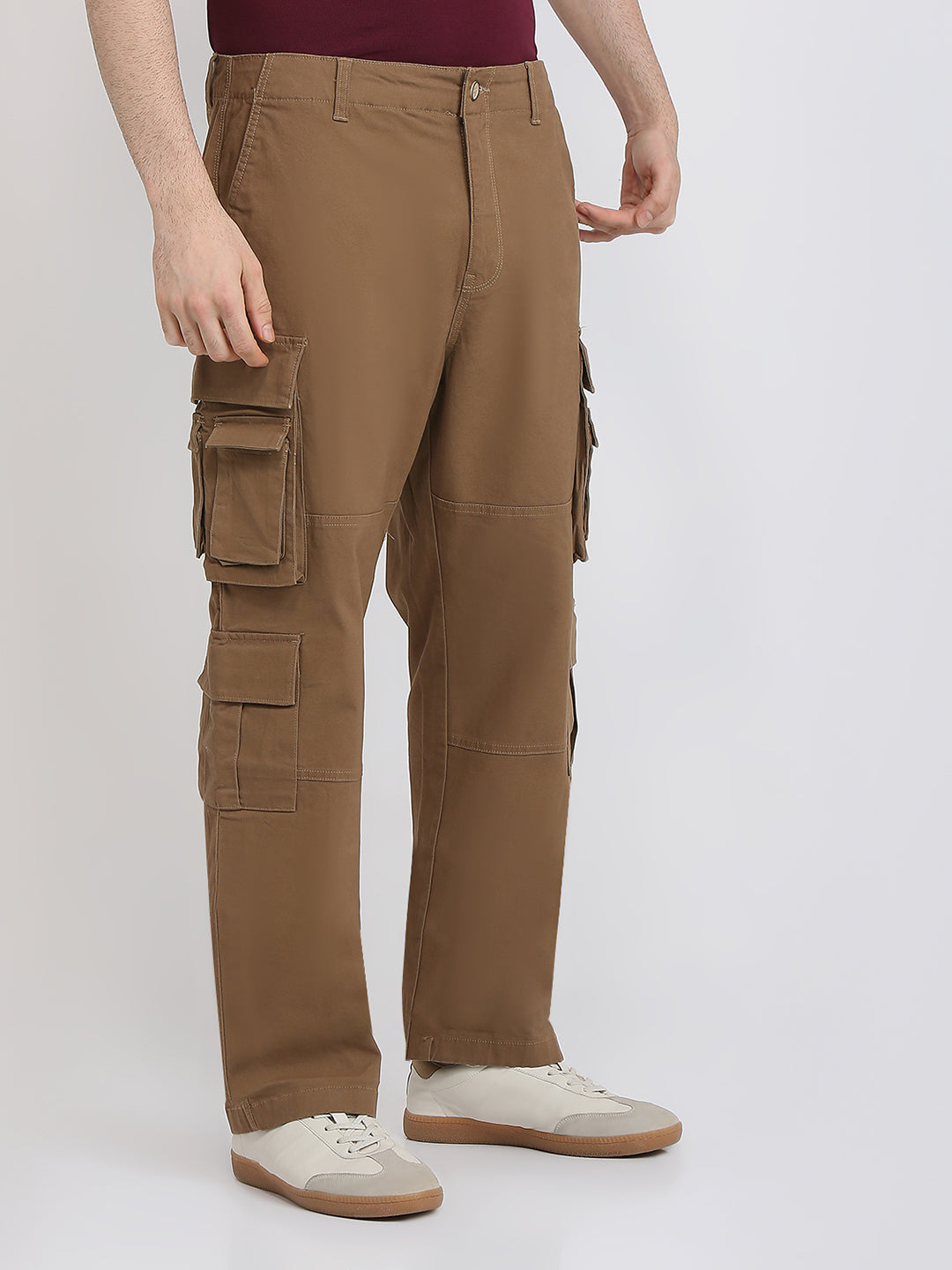Parx Men Khaki Solid Cargo Fit Cotton Blend Trouser