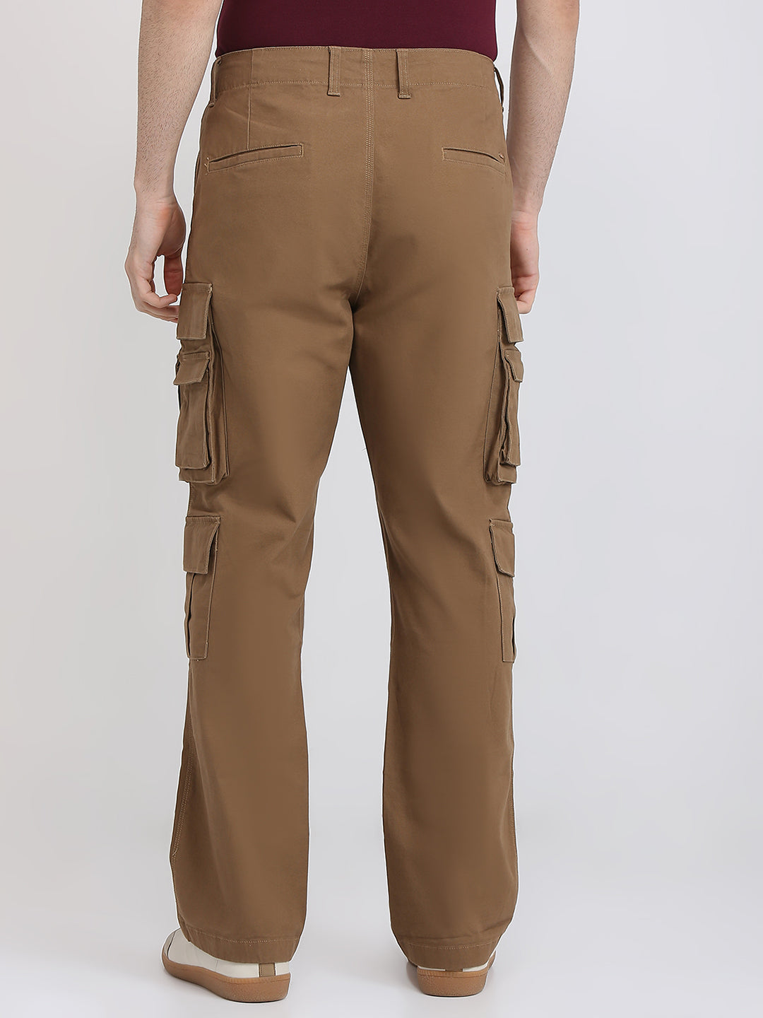 Parx Men Khaki Solid Cargo Fit Cotton Blend Trouser