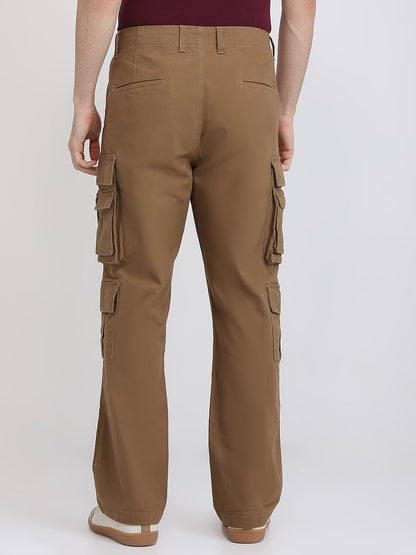 Parx Men Khaki Solid Cargo Fit Cotton Blend Trouser