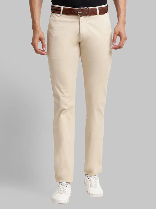 Men Beige Lrt Fit Solid Cotton Blend Trouser