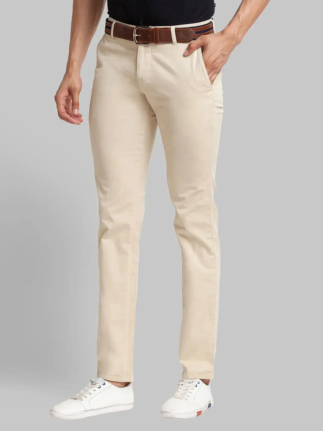 Men Beige Lrt Fit Solid Cotton Blend Trouser