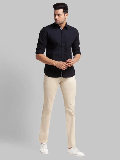 Men Beige Lrt Fit Solid Cotton Blend Trouser