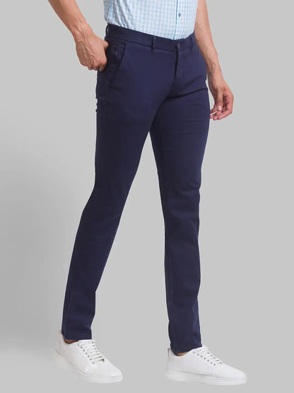 Men Blue Super Slim Fit Solid Cotton Blend Trouser
