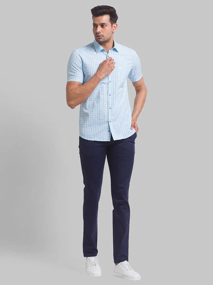 Men Blue Super Slim Fit Solid Cotton Blend Trouser