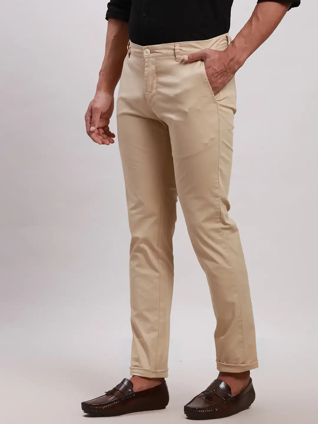 Men Khaki Super Slim Rfd Overdyed Cotton Blend Trouser