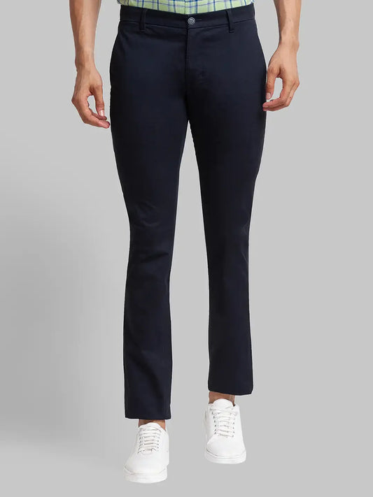 Men Blue Super Slim Fit Solid Cotton Blend Trouser