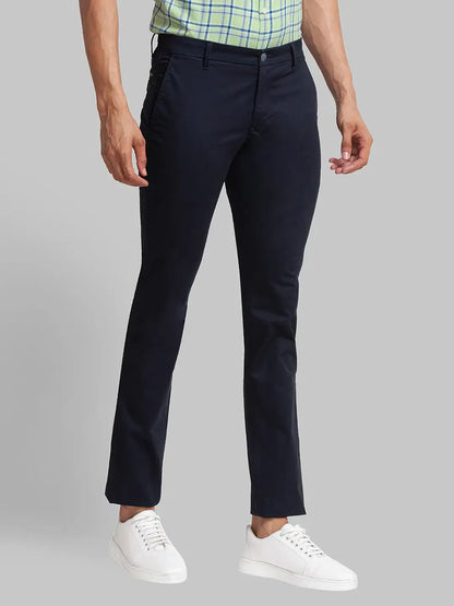 Men Blue Super Slim Fit Solid Cotton Blend Trouser