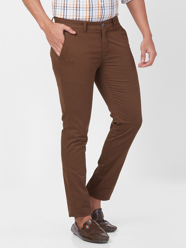 Parx Brown Solid Super Slim Fit Cotton Blend Trouser