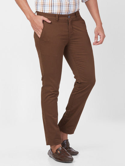 Parx Brown Solid Super Slim Fit Cotton Blend Trouser