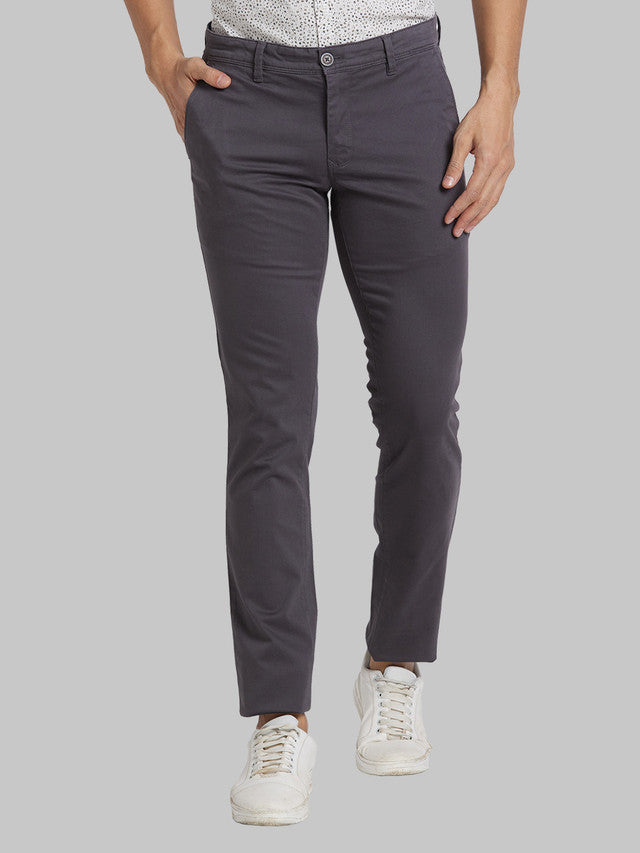 Parx Grey Solid Super Slim Fit Cotton Blend Trouser