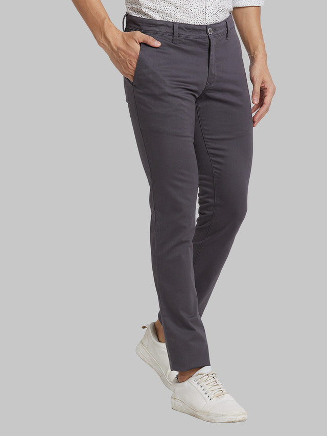 Parx Grey Solid Super Slim Fit Cotton Blend Trouser
