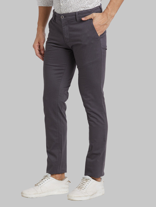 Parx Grey Solid Super Slim Fit Cotton Blend Trouser