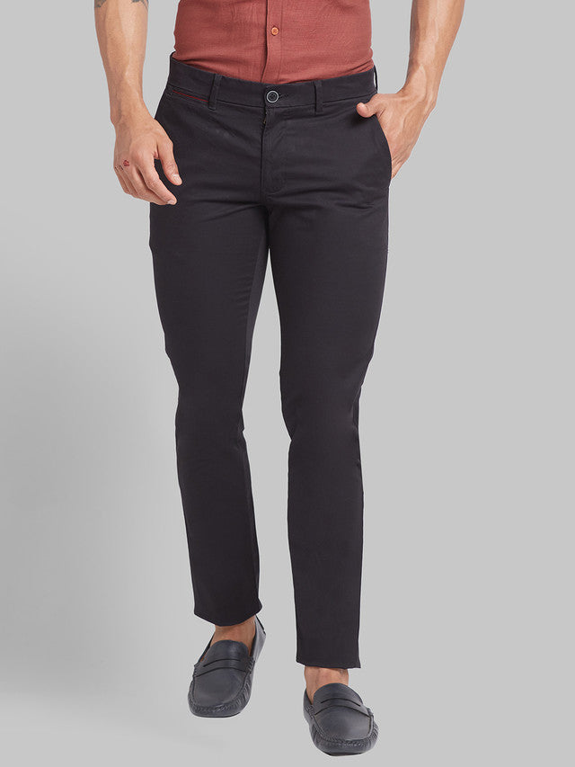Parx Black Solid Super Slim Fit Cotton Blend Trouser