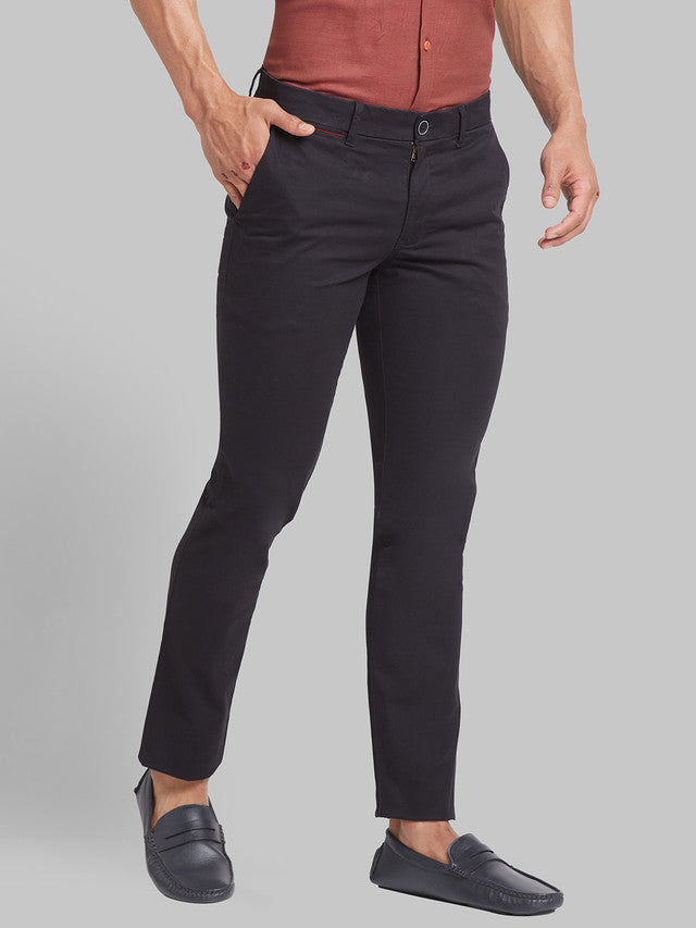 Parx Black Solid Super Slim Fit Cotton Blend Trouser