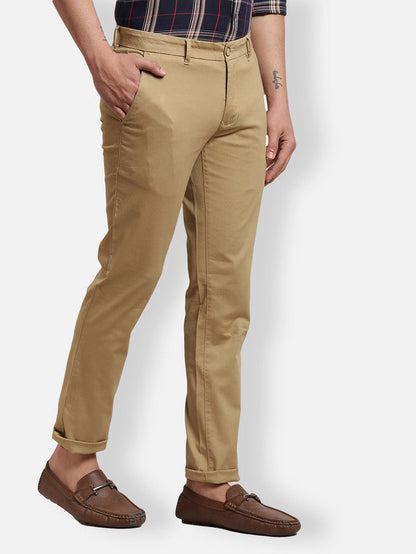 Parx Khaki Solid Super Slim Fit Cotton Blend Trouser