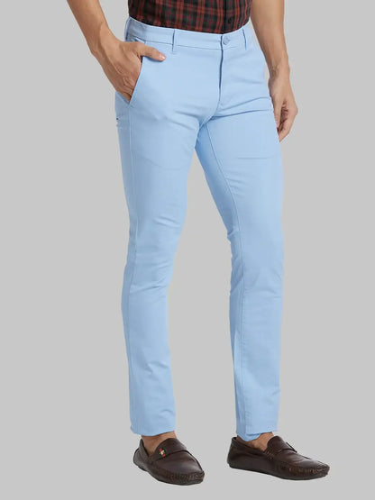 Men Blue Super Slim Fit Solid Cotton Blend Trouser