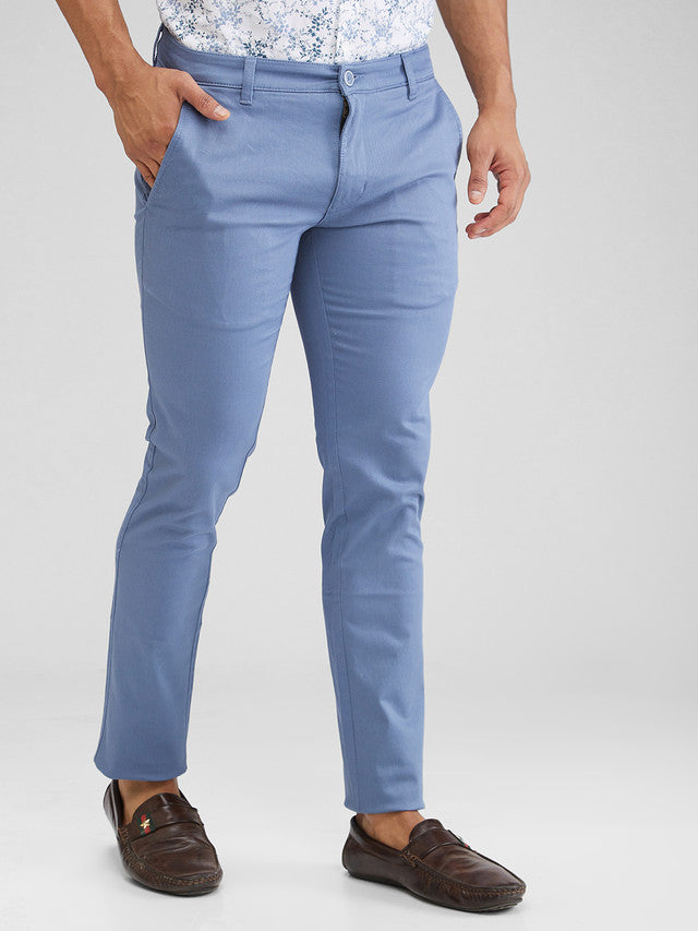 Parx Blue Solid Super Slim Fit Cotton Blend Trouser