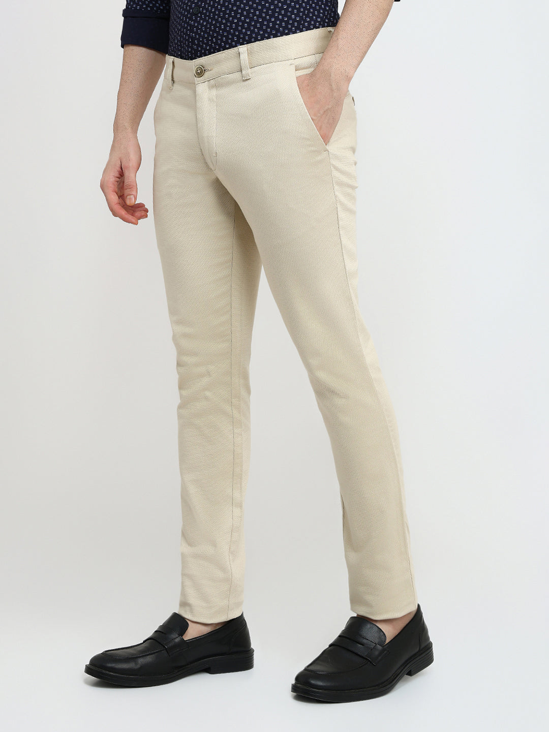 Parx Men Brown Dobby Super Slim Fit Cotton Blend Trouser