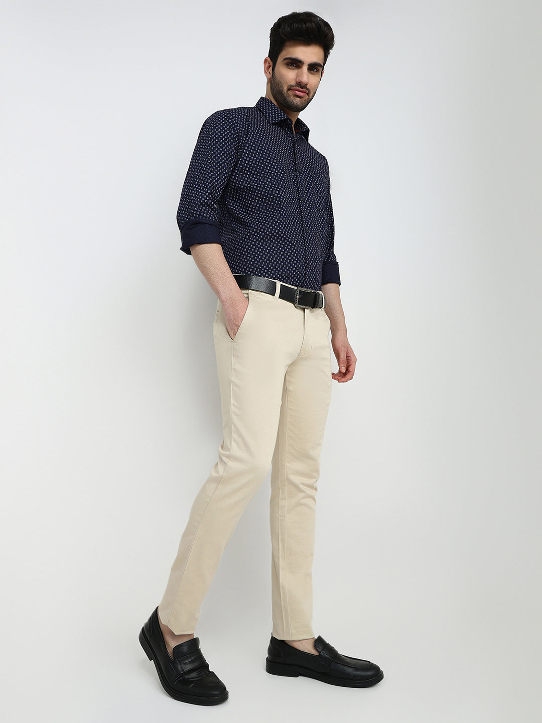 Parx Men Brown Dobby Super Slim Fit Cotton Blend Trouser