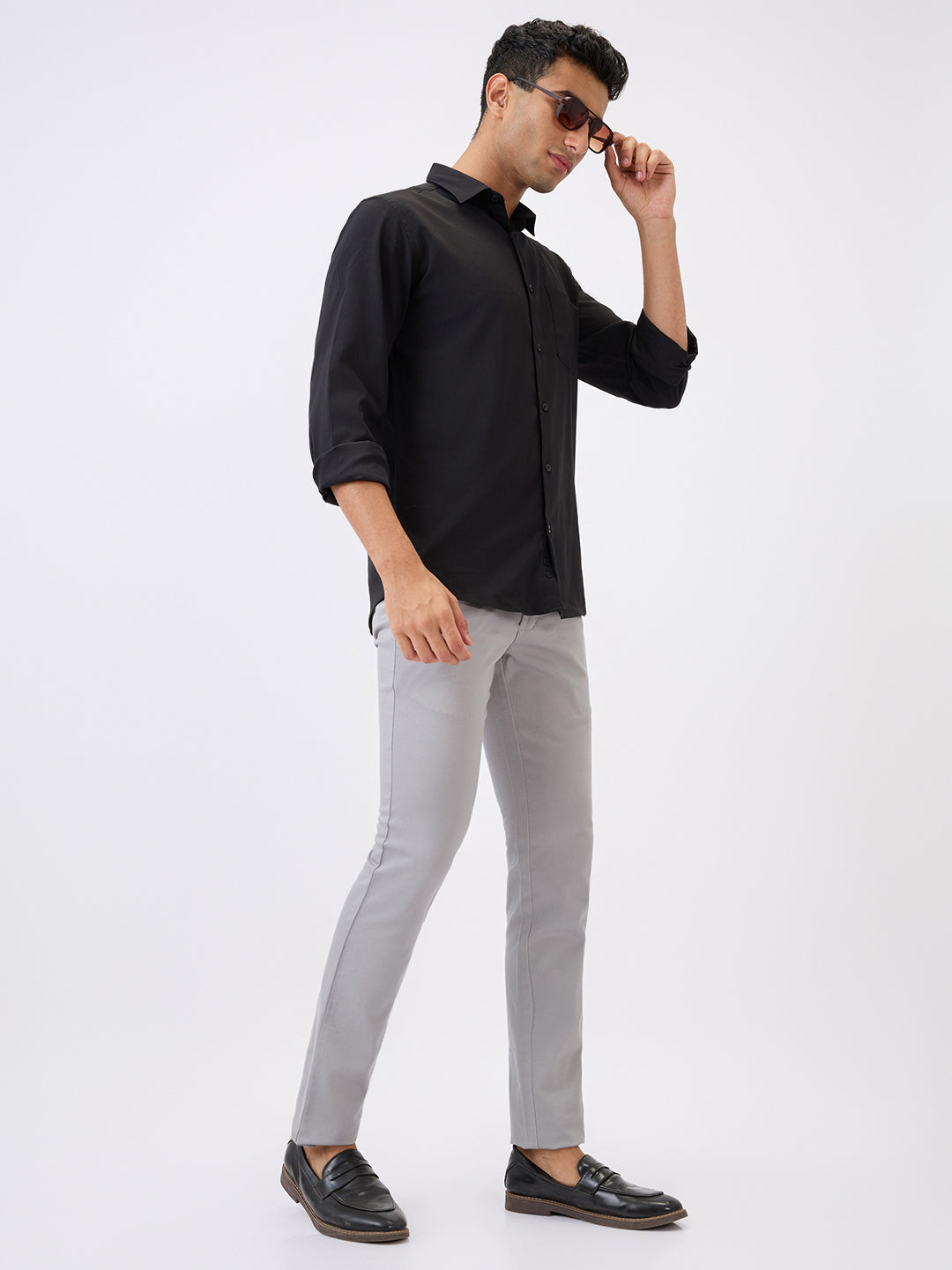 Parx Men Grey Dobby Super Slim Fit Cotton Blend Trouser