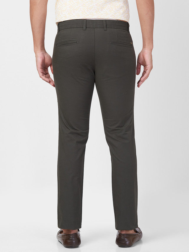 Parx Green Solid Slim Tapered Fit Cotton Blend Trouser