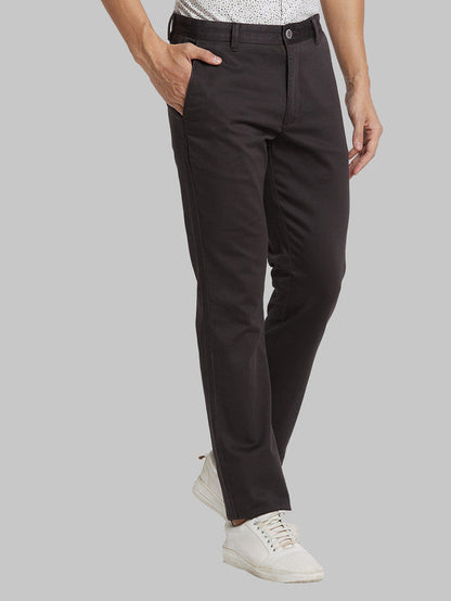 Parx Grey Solid Slim Tapered Fit Cotton Blend Trouser