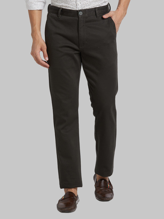 Parx Green Solid Slim Tapered Fit Cotton Blend Trouser