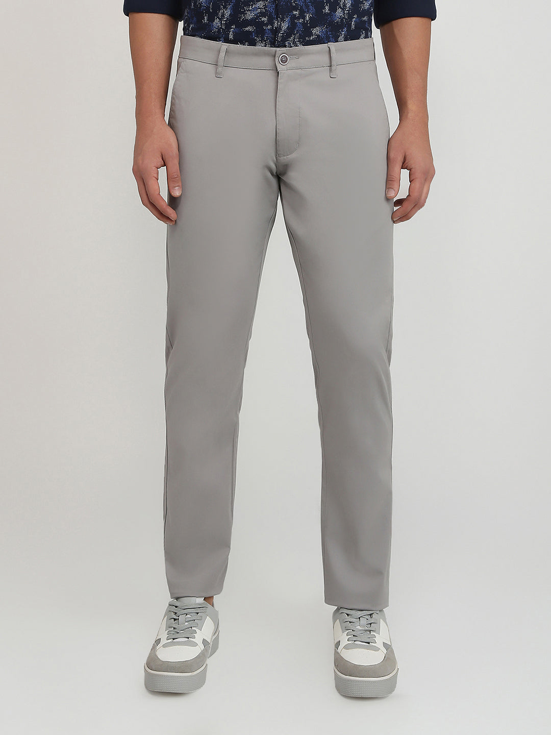 Parx Men Grey Solid Slim Tapered Fit Cotton Blend Trouser