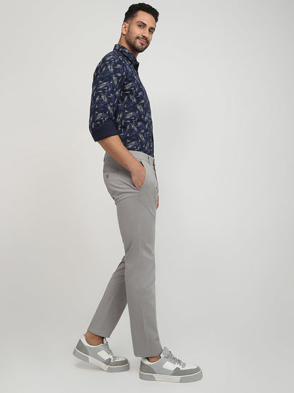 Parx Men Grey Solid Slim Tapered Fit Cotton Blend Trouser