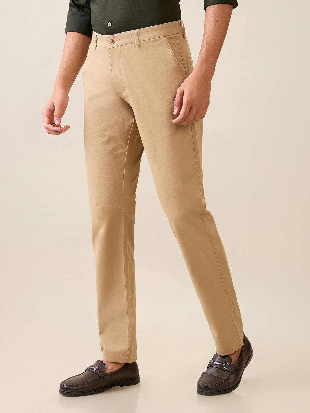 Parx Men Khaki Solid Slim Tapered Fit Cotton Blend Trouser