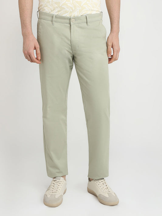 Parx Men Green Solid Slim Tapered Fit Cotton Blend Trouser