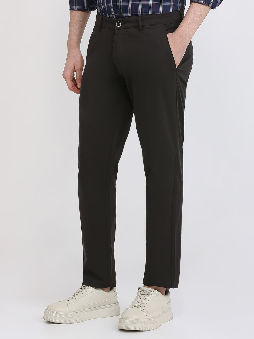 Parx Men Brown Solid Slim Tapered Fit Cotton Blend Trouser