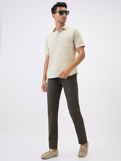 Parx Men Green Solid Slim Tapered Fit Cotton Blend Trouser